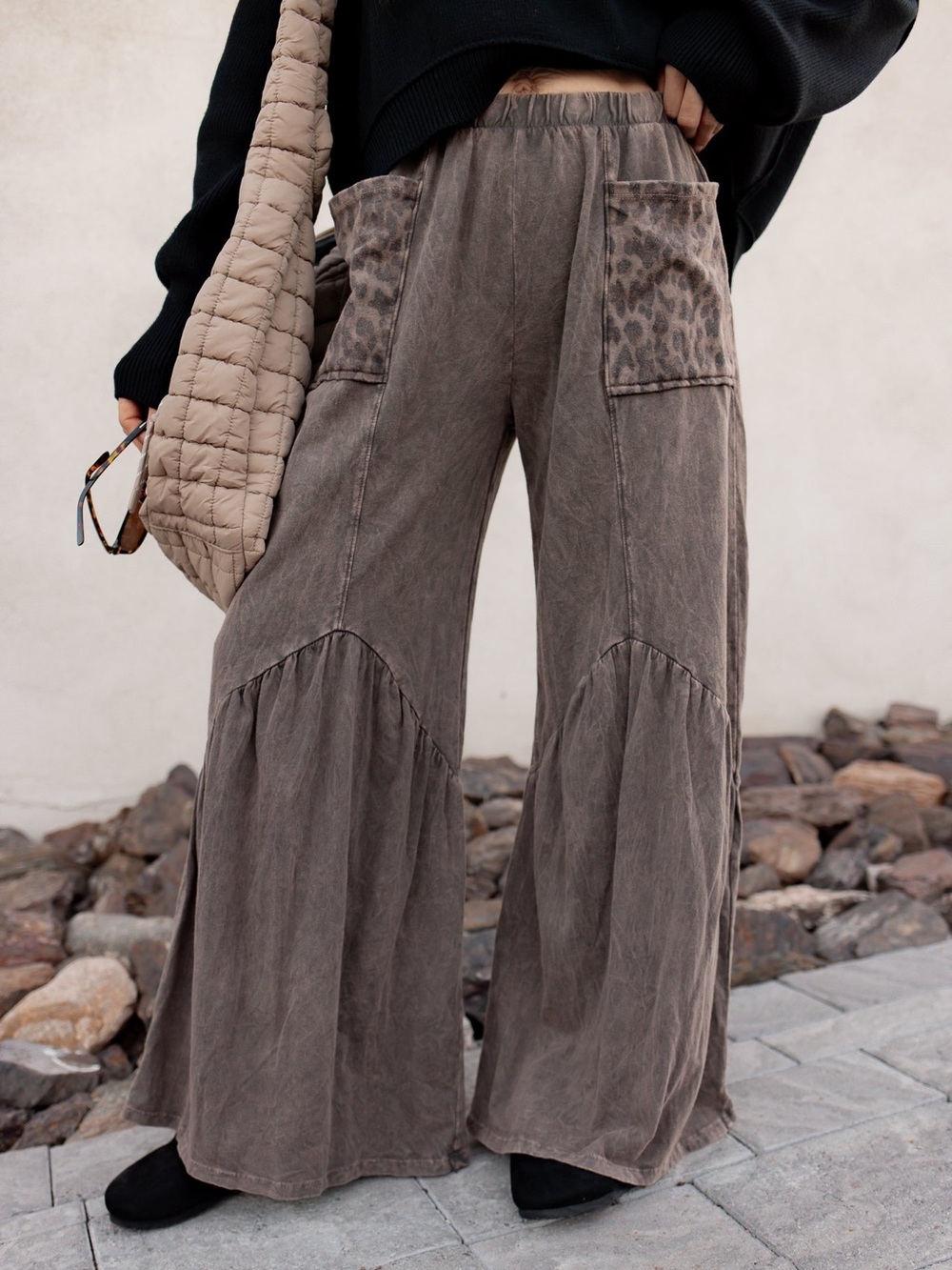 🤎 J. Her Leopard Pocket Mineral Wash Wide Leg Pants Brown Large